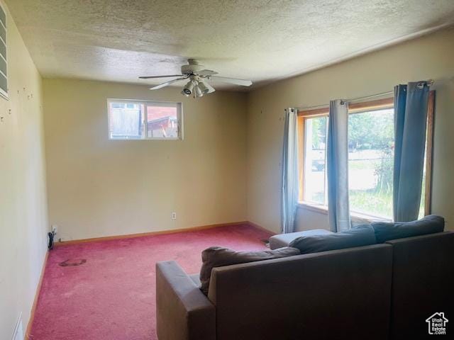 4562 S 785 E, Millcreek, UT 84107 - living room with carpet, a textured ceiling, a ceiling fan, and healthy amount of natural light