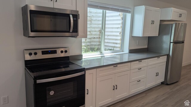 3065 S Brinker Ave, Ogden, UT 84403 - kitchen with appliances with stainless steel finishes, light wood-style floors, and white cabinets