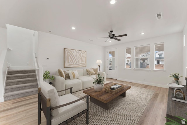 6134 S Kelly Ln, St George, UT 84790 - living room featuring stairs, ceiling fan, recessed lighting, light wood finished floors, and baseboards