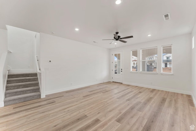 6134 S Kelly Ln, St George, UT 84790 - unfurnished living room featuring stairway, a ceiling fan, recessed lighting, light wood-style floors, and baseboards