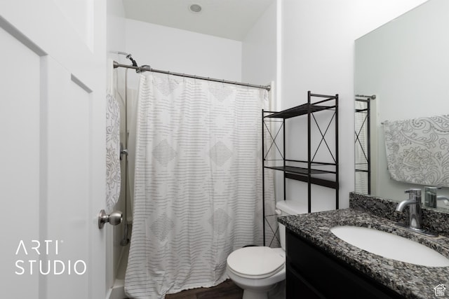 671 E 330 N, Vineyard, UT 84059 - bathroom featuring toilet, vanity, shower / bath combination with curtain, and wood finished floors