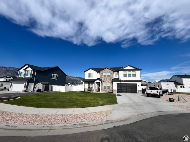 3198 N 3475 W, Plain City, UT 84404 - view of front of home with an attached garage, stone siding, concrete driveway, a residential view, and a mountain view