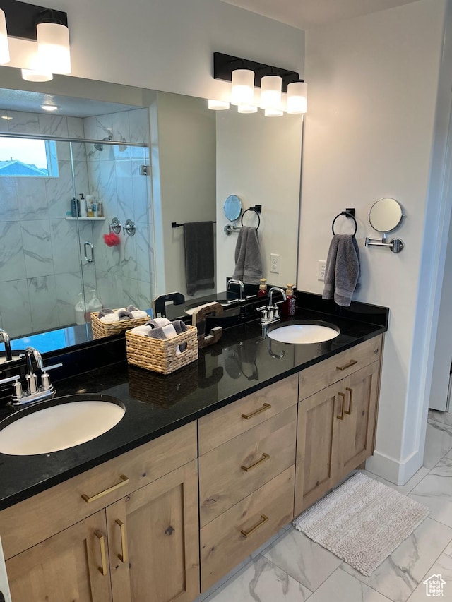3198 N 3475 W, Plain City, UT 84404 - full bathroom featuring marble look tile flooring, double vanity, and a shower stall