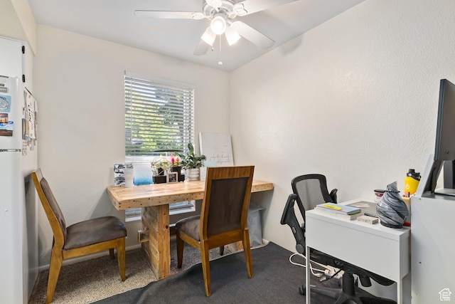 4614 S Quail Park Dr E Unit A, Millcreek, UT 84117 - dining space featuring dark colored carpet, ceiling fan, and a desk