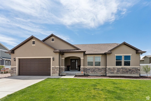 261 W 1200 S, Lehi, UT 84043 - view of front of house with stucco siding, stone siding, driveway, and a front yard