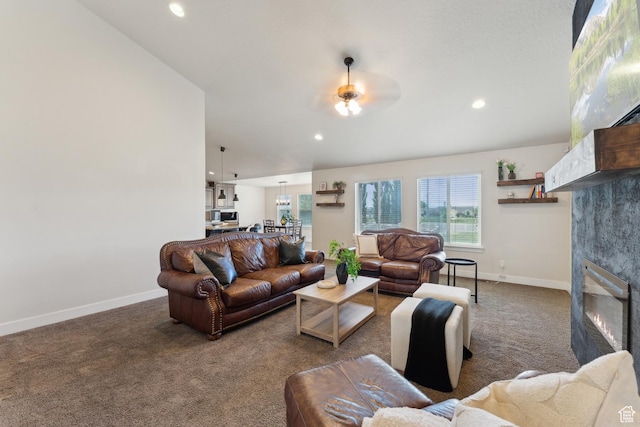 261 W 1200 S, Lehi, UT 84043 - living room featuring carpet, a fireplace, baseboards, recessed lighting, and ceiling fan