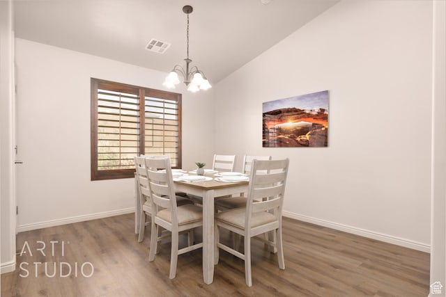 3504 E 3140 S, St George, UT 84790 - dining room with wood finished floors, baseboards, a chandelier, and lofted ceiling