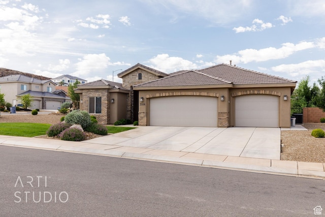 3504 E 3140 S, St George, UT 84790 - view of front of home with a garage, stucco siding, concrete driveway, a tile roof, and central air condition unit