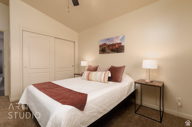 3504 E 3140 S, St George, UT 84790 - bedroom featuring carpet, lofted ceiling, a closet, baseboards, and a ceiling fan