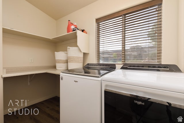 3504 E 3140 S, St George, UT 84790 - laundry area with washer and clothes dryer and dark wood-style floors
