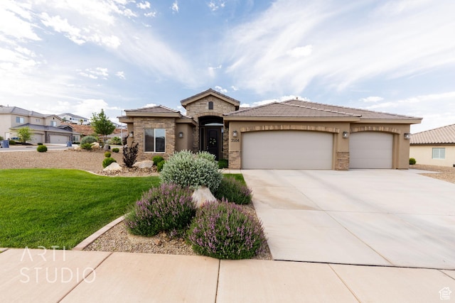 3504 E 3140 S, St George, UT 84790 - view of front of house featuring driveway, a front lawn, an attached garage, and stucco siding