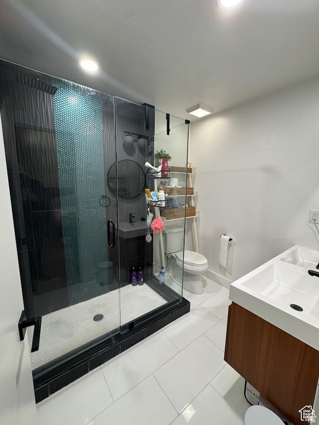 4288 S Shirley Ln, Holladay, UT 84124 - full bath featuring toilet, vanity, a shower stall, and tile patterned flooring