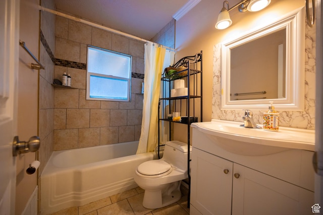 1457 W 700 S, Salt Lake City, UT 84104 - full bathroom with toilet, vanity, shower / tub combo with curtain, tile patterned floors, and crown molding