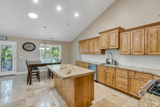 10605 S Willow Valley Rd W, South Jordan, UT 84095 - kitchen with dishwasher, a sink, a center island, decorative backsplash, and light stone countertops