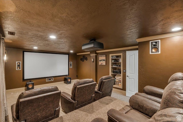 10605 S Willow Valley Rd W, South Jordan, UT 84095 - cinema room with carpet flooring, recessed lighting, built in shelves, baseboards, and a textured ceiling