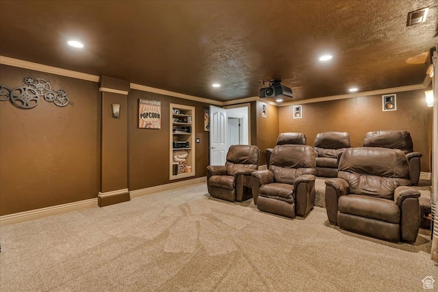 10605 S Willow Valley Rd W, South Jordan, UT 84095 - home theater featuring carpet flooring, recessed lighting, ornamental molding, baseboards, and built in features