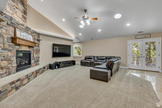 10605 S Willow Valley Rd W, South Jordan, UT 84095 - living room with ceiling fan, lofted ceiling, a fireplace, recessed lighting, and baseboards