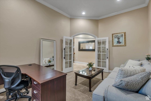 10605 S Willow Valley Rd W, South Jordan, UT 84095 - office with french doors, light carpet, ornamental molding, and recessed lighting