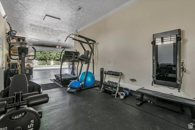 10605 S Willow Valley Rd W, South Jordan, UT 84095 - exercise room with ornamental molding, a textured ceiling, and baseboards