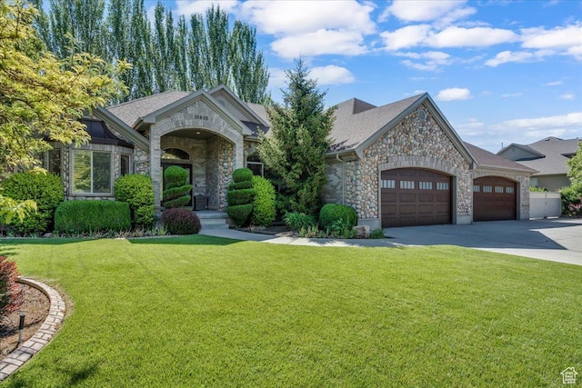 10605 S Willow Valley Rd W, South Jordan, UT 84095 - french provincial home with an attached garage, stone siding, concrete driveway, and a front yard