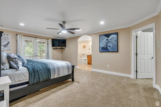10605 S Willow Valley Rd W, South Jordan, UT 84095 - carpeted bedroom featuring arched walkways, baseboards, access to outside, ornamental molding, and french doors