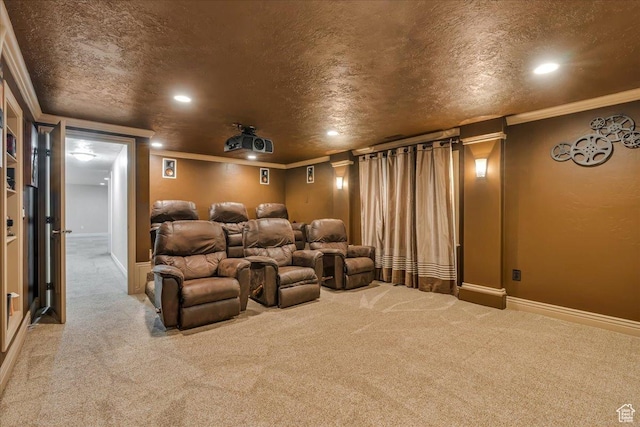 10605 S Willow Valley Rd W, South Jordan, UT 84095 - cinema featuring carpet floors, crown molding, recessed lighting, a textured ceiling, and baseboards