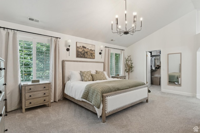 12214 S Hidden Valley Rd, Sandy, UT 84092 - bedroom featuring light colored carpet, vaulted ceiling, a chandelier, multiple windows, and baseboards
