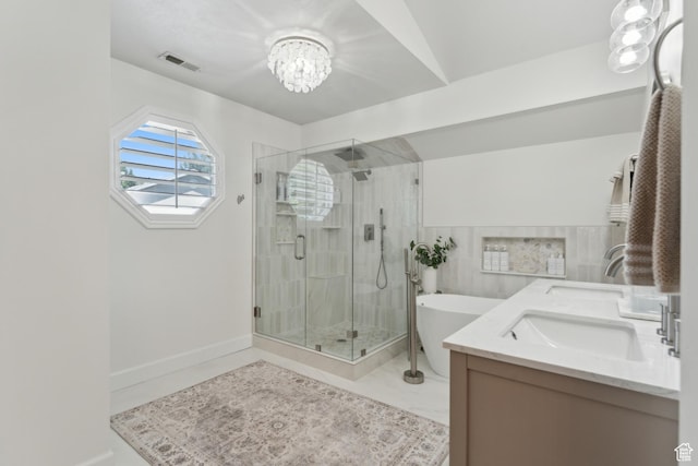 12214 S Hidden Valley Rd, Sandy, UT 84092 - full bath featuring a soaking tub, a stall shower, a chandelier, double vanity, and baseboards