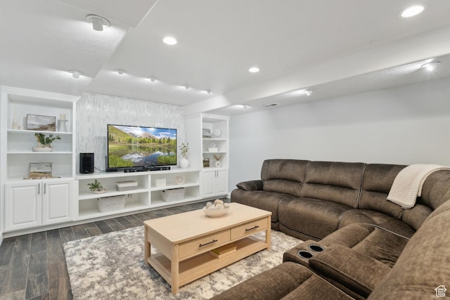 12214 S Hidden Valley Rd, Sandy, UT 84092 - living room with dark wood finished floors, built in features, and recessed lighting