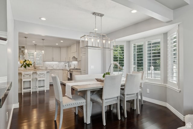 12214 S Hidden Valley Rd, Sandy, UT 84092 - dining space with dark wood-style flooring, a chandelier, baseboards, and recessed lighting