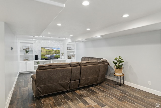12214 S Hidden Valley Rd, Sandy, UT 84092 - living area featuring baseboards, recessed lighting, dark wood finished floors, and built in features