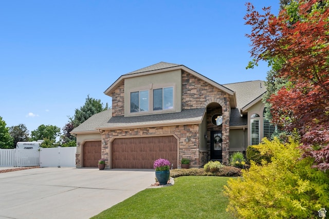 12214 S Hidden Valley Rd, Sandy, UT 84092 - view of front facade with stone siding, a gate, driveway, and a garage