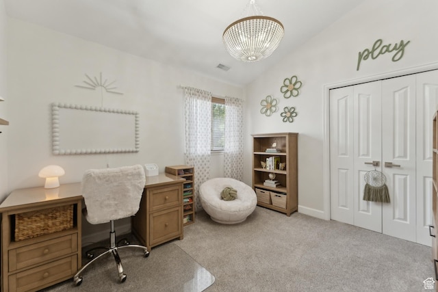 12214 S Hidden Valley Rd, Sandy, UT 84092 - carpeted office featuring a chandelier and lofted ceiling