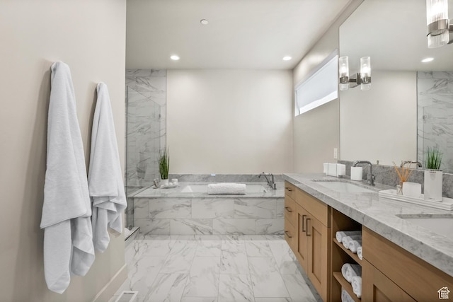 6312 Double Deer Loop, Park City, UT 84098 - bathroom featuring marble look tiles, recessed lighting, a bath, double vanity, and a marble finish shower