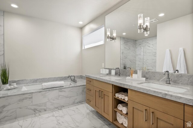 6312 Double Deer Loop, Park City, UT 84098 - full bathroom with double vanity, a bath, marble finish flooring, and recessed lighting