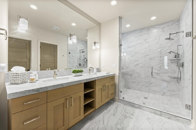 6312 Double Deer Loop, Park City, UT 84098 - full bath featuring double vanity, a marble finish shower, recessed lighting, and marble look tiles