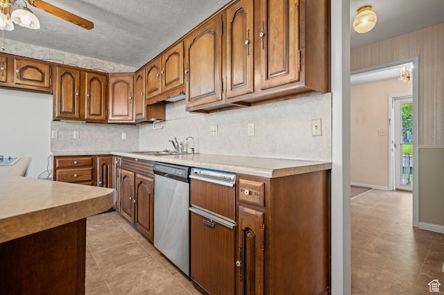 95 E 1400 S, Bountiful, UT 84010 - kitchen with dishwasher, brown cabinets, light tile patterned floors, backsplash, and light countertops