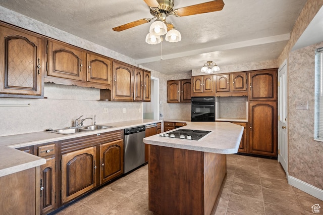 95 E 1400 S, Bountiful, UT 84010 - kitchen with black appliances, a sink, baseboards, light countertops, and a textured ceiling
