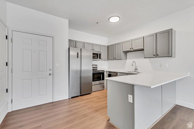 3478 S Cozy River Pl W Unit 210, West Valley City, UT 84119 - kitchen with stainless steel appliances, gray cabinetry, a sink, a peninsula, and light wood finished floors