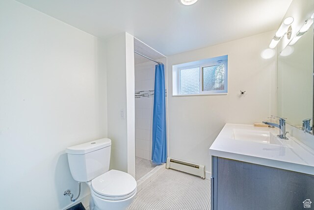 1820 E Redondo Ave S, Salt Lake City, UT 84108 - bathroom featuring baseboard heating, toilet, double vanity, tiled shower, and tile patterned floors