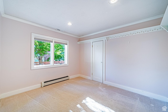 1820 E Redondo Ave S, Salt Lake City, UT 84108 - unfurnished bedroom featuring a baseboard radiator, ornamental molding, light colored carpet, baseboards, and recessed lighting