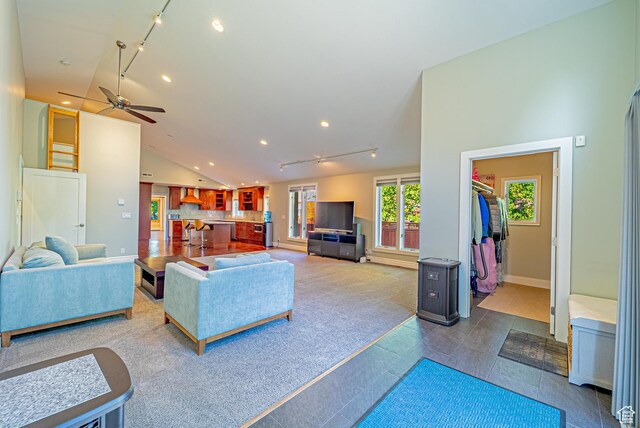 1820 E Redondo Ave S, Salt Lake City, UT 84108 - living room featuring lofted ceiling, recessed lighting, a ceiling fan, track lighting, and baseboards