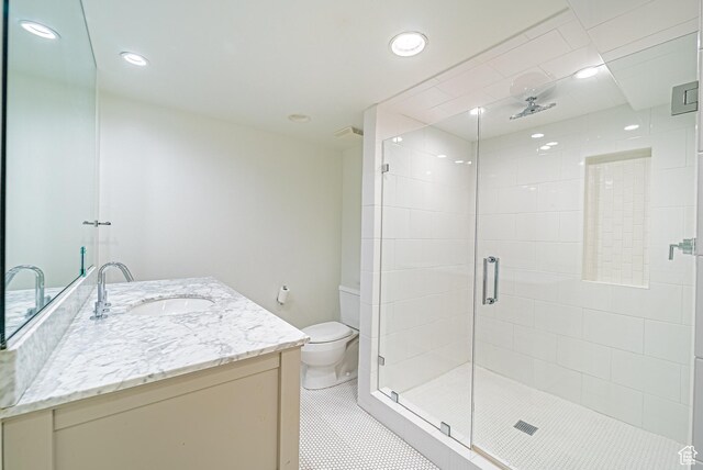 1820 E Redondo Ave S, Salt Lake City, UT 84108 - bathroom featuring vanity, a stall shower, toilet, recessed lighting, and tile patterned flooring