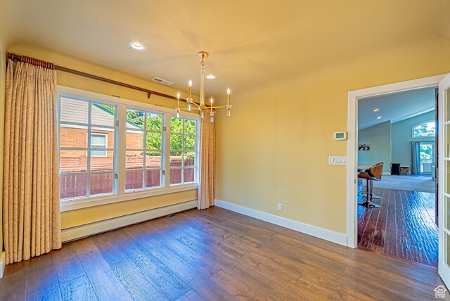 1820 E Redondo Ave S, Salt Lake City, UT 84108 - empty room featuring a chandelier, wood-type flooring, baseboards, a baseboard radiator, and recessed lighting