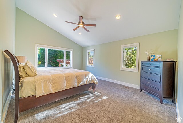 1820 E Redondo Ave S, Salt Lake City, UT 84108 - carpeted bedroom featuring vaulted ceiling, baseboards, recessed lighting, and ceiling fan