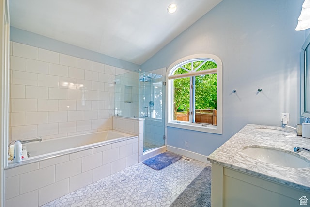1820 E Redondo Ave S, Salt Lake City, UT 84108 - full bathroom featuring a stall shower, lofted ceiling, a garden tub, double vanity, and tile patterned floors