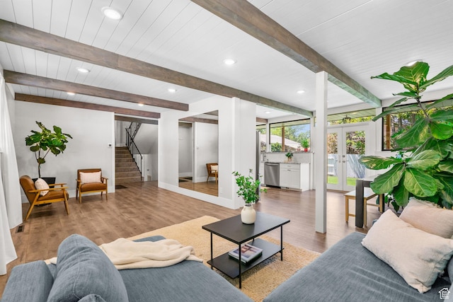 845 N 950 W, Provo, UT 84604 - living room featuring stairway, beam ceiling, light wood-type flooring, baseboards, and recessed lighting