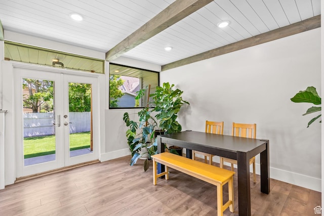 845 N 950 W, Provo, UT 84604 - dining area with baseboards, french doors, wood finished floors, recessed lighting, and wood ceiling with exposed beams