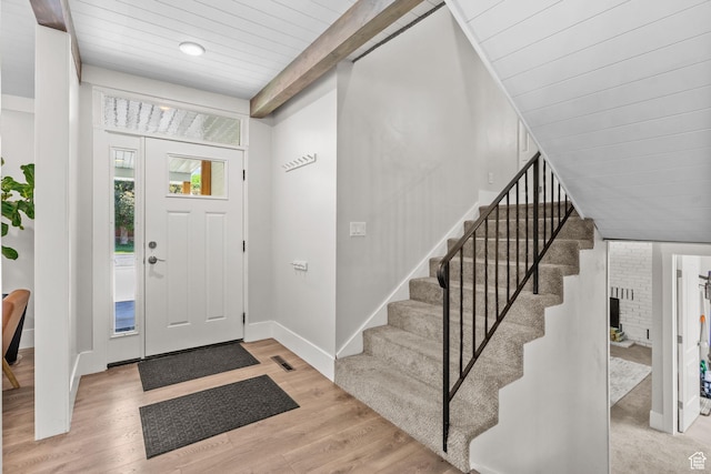 845 N 950 W, Provo, UT 84604 - entryway featuring stairs, light wood-style flooring, wooden ceiling, and baseboards