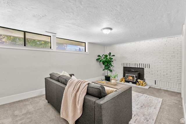 845 N 950 W, Provo, UT 84604 - living room with carpet floors, baseboards, a fireplace, and a textured ceiling